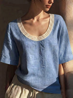Retro Lace-trimmed U-neck Cotton-linen Blouse