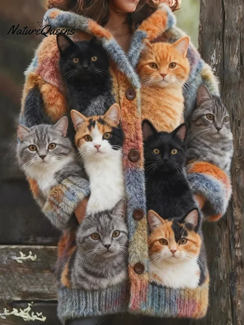 Women's Funny Cats Pattern Art Print Casual Fleece Coat
