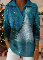 Retro Christmas Trees Snowflake Art Pattern Polo Collar Shiny Loose Sweater Top