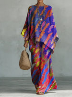 Visual Gradient Line Decorative Pattern Long Sleeve Linen Cotton Top And Pants