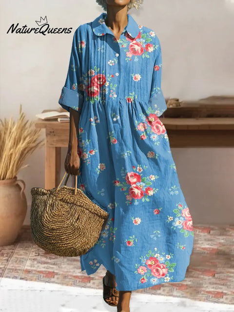 Women's Retro Floral Art Print Pleated Peter Pan Collar Casual Dress