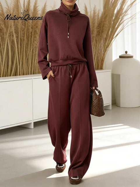 Women's Solid Color High-waisted Drawstring Wide-leg Casual Pants