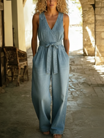 Casual Pleated Loose Denim Overalls Jumpsuit