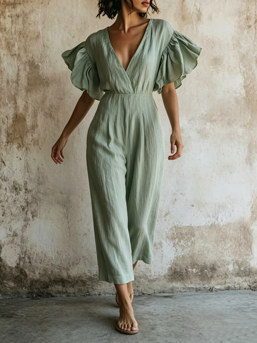 Elegant Ruffled-sleeve V-neck Cotton-linen Wide-leg Jumpsuit