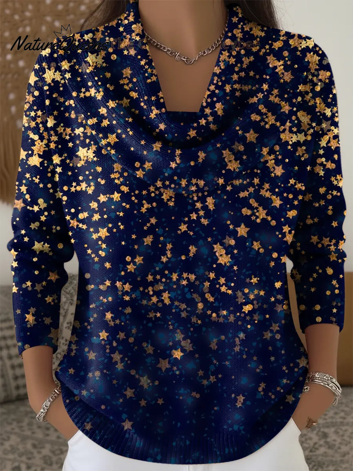 Women's Star Print Cowl Neck Sweater