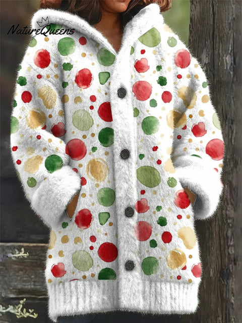 Watercolor Christmas Dots Printed Knit Hoodie