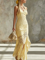Women's Yellow Lace Sleeveless Maxi Dress