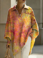 Women's Color Flowers Patterns V-neck Long-sleeved Casual Loose-fitting Knitted Pullover Sweater