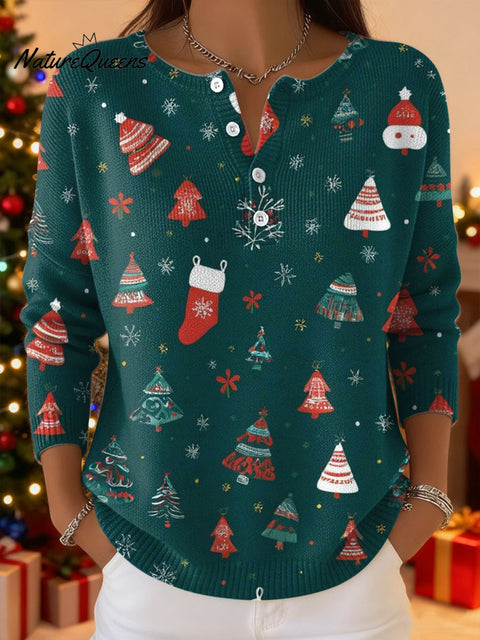 Women's Christmas Pattern Art Print Buttoned Cardigan Sweater