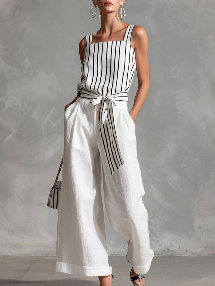 Women's Striped Print Square-neck Sleeveless Loose-fit Cotton-linen Top & High-waisted Wide-leg Pants Casual Set