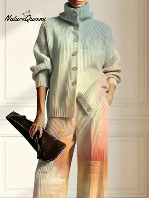 Women's Gradient Color Art Print Casual Cotton Knitted Suits