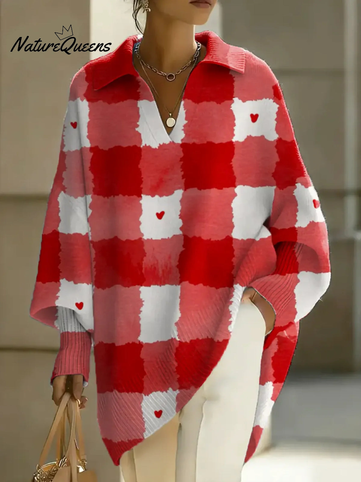 Women's Valentine's Day Heart Art Print Casual Knit Sweater