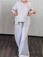 Women's Cozy Striped Linen And Cotton Top And Pants Two-piece Set.