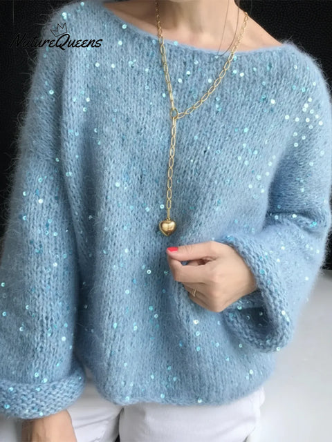 Dreamy Winter Boat Neck Loose Sequined Sweater Top