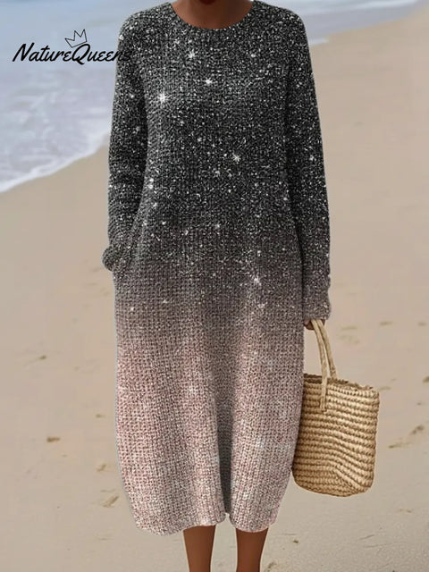 Black-pink Gradient Sparkle Printed Round Neck Knit Dress