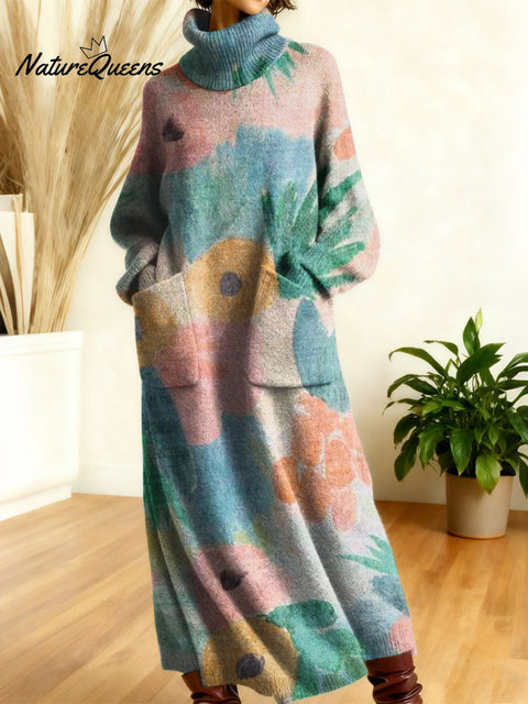 Women's Retro Color Flowers Gradient High-neck Long-sleeve Casual Loose Knit Dress