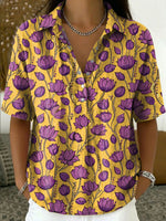 Women's Vintage Botanical Floral Casual Polo Collar Short-sleeved Linen And Cotton Shirt