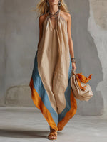 Women's Khaki Color-blocked Hem Cotton-linen Off-shoulder Maxi Dress