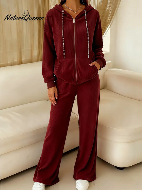 Women's Corduroy Zipper Hooded Sweatshirt and Pants Two-Piece Set