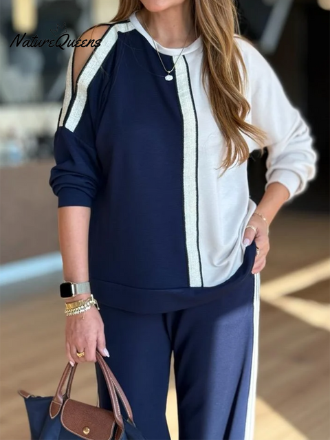 Casual Travel Colorblock Sweatshirt And Pants Two-piece Set