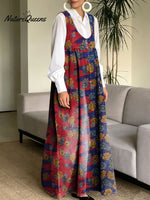 Women's Retro Splicing Colorful Flowers Pattern Art Print Casual Cotton Denim Dress