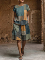 Patchwork Linen-cotton Short Sleeve Top & Wide Leg Shorts Set
