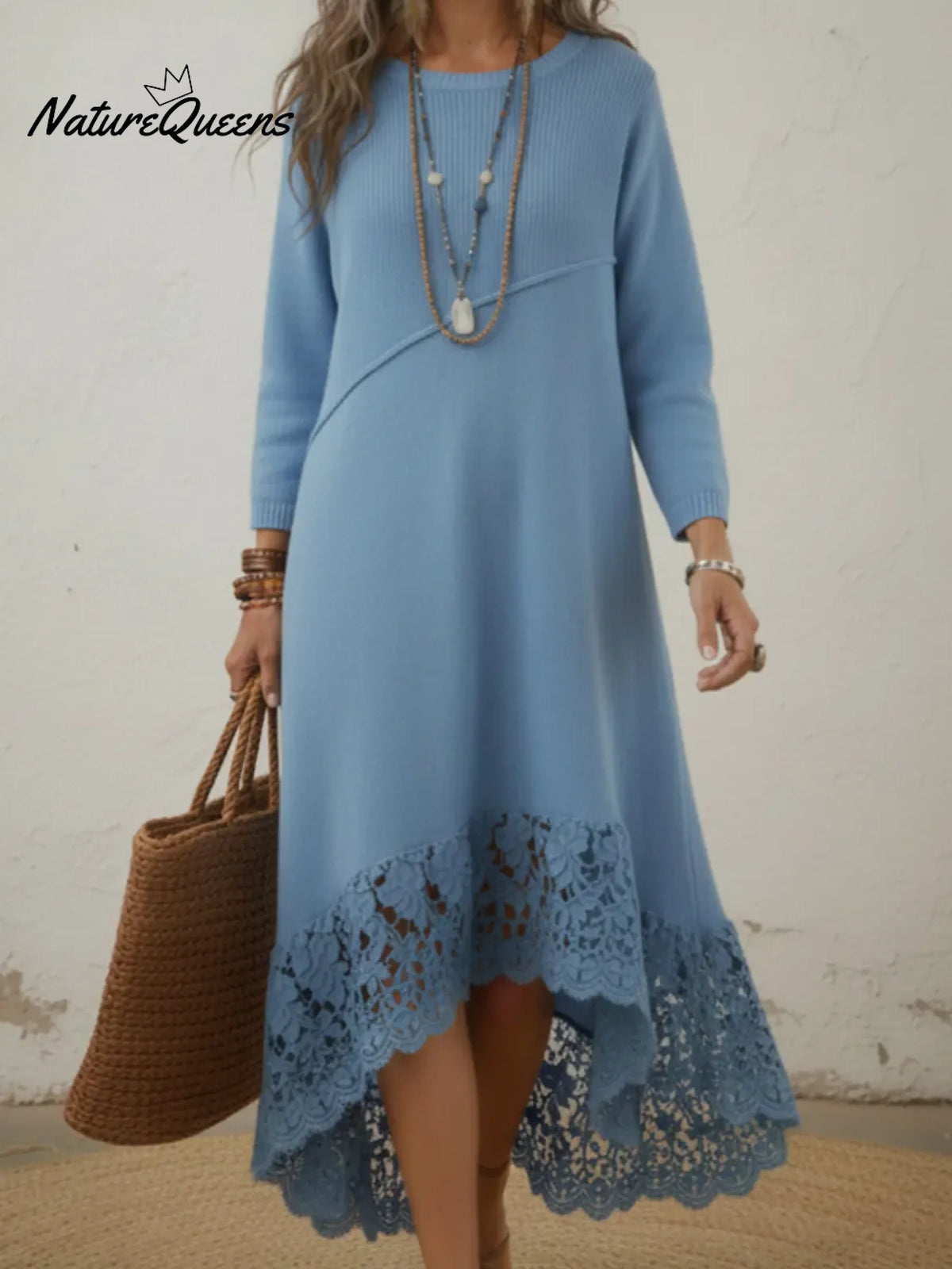 Elegant Lace-hemmed Knit Midi Dress