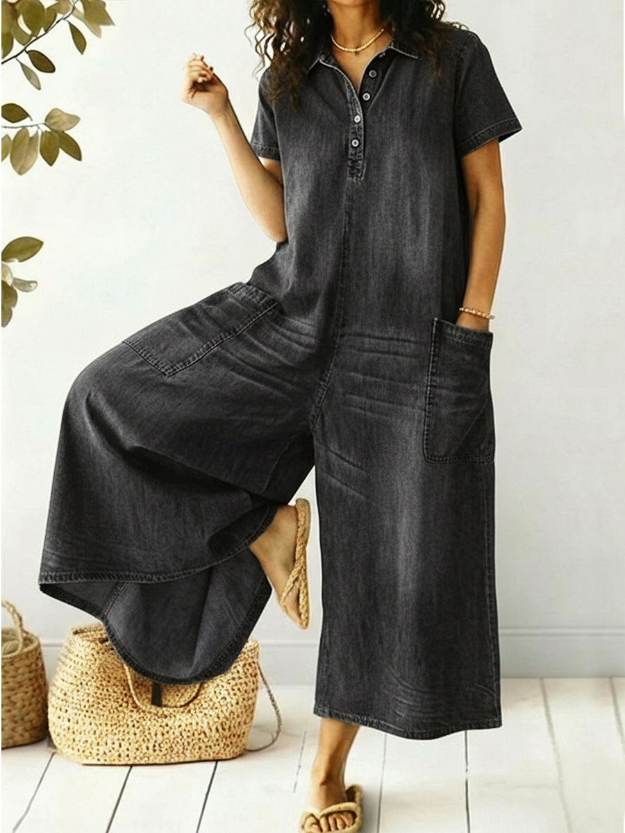 Women's Loose-fitting Casual Short-sleeved Denim Jumpsuit