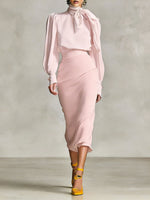 Women's Retro-style Tie-waist Long-sleeved Stand Collar Comfortable Minimalist Dress