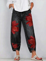 Casual Red Artistic Brushstroke Print Jeans