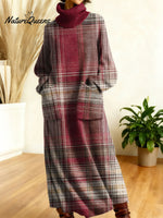 Women's Retro Colors And Plaid Patterns Art High-neck Long-sleeve Casual Loose Knit Dress