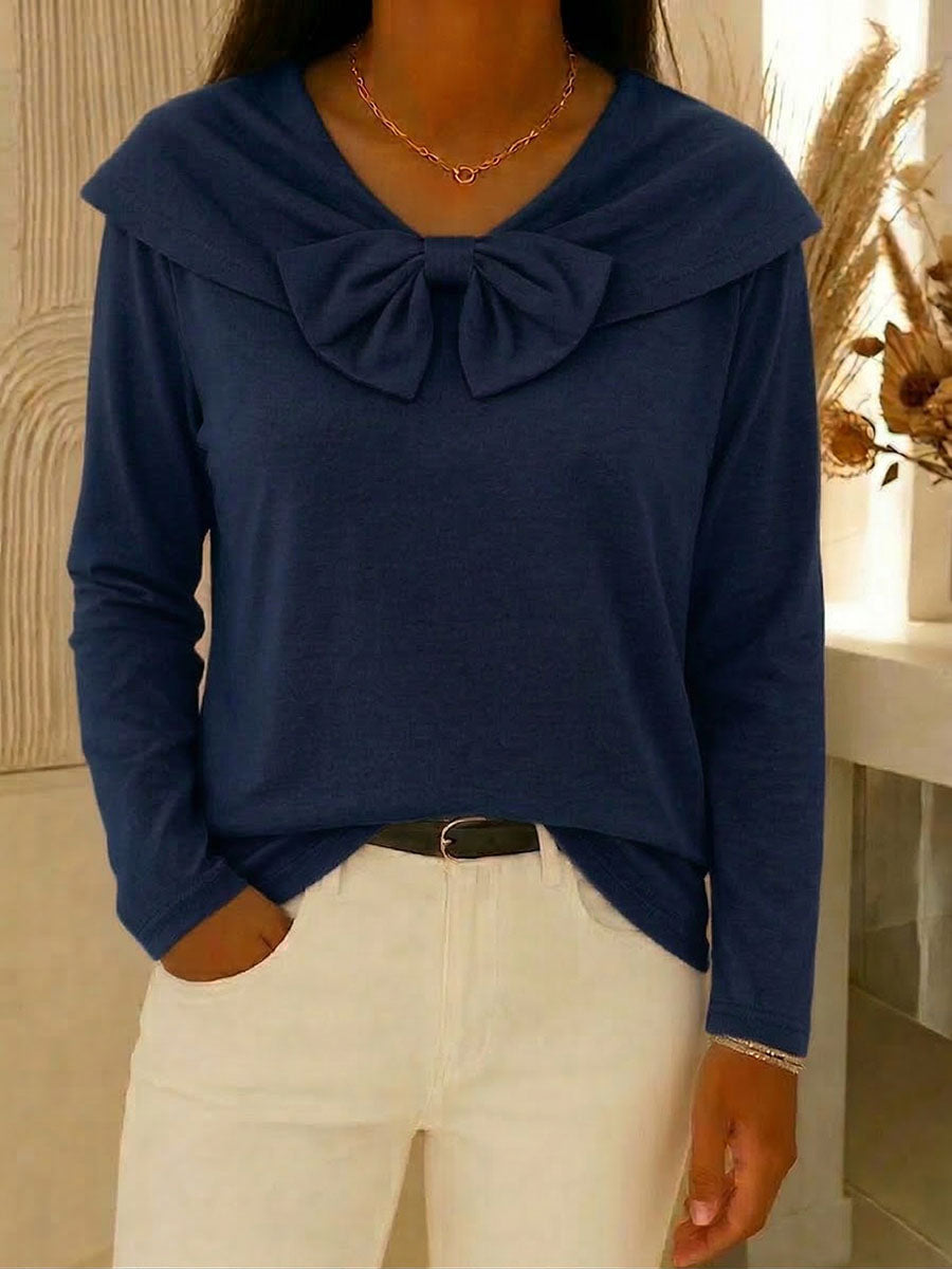 Women's Solid-color V-neck Long-sleeve Loose-fit Cotton Casual Top