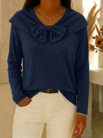 Women's Solid-color V-neck Long-sleeve Loose-fit Cotton Casual Top