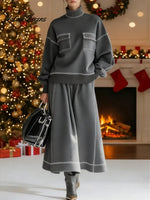 Women's Solid Color High-neck Long-sleeve Casual Pocket Loose Top And High-waisted A-line Skirt Set