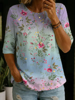 Women's Floral Pattern Art Print Casual Cotton Round Collar Shirt