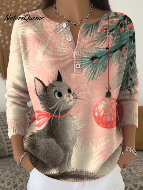 Women's Funny Christmas Cat Pattern Art Print Casual Cardigan Sweater