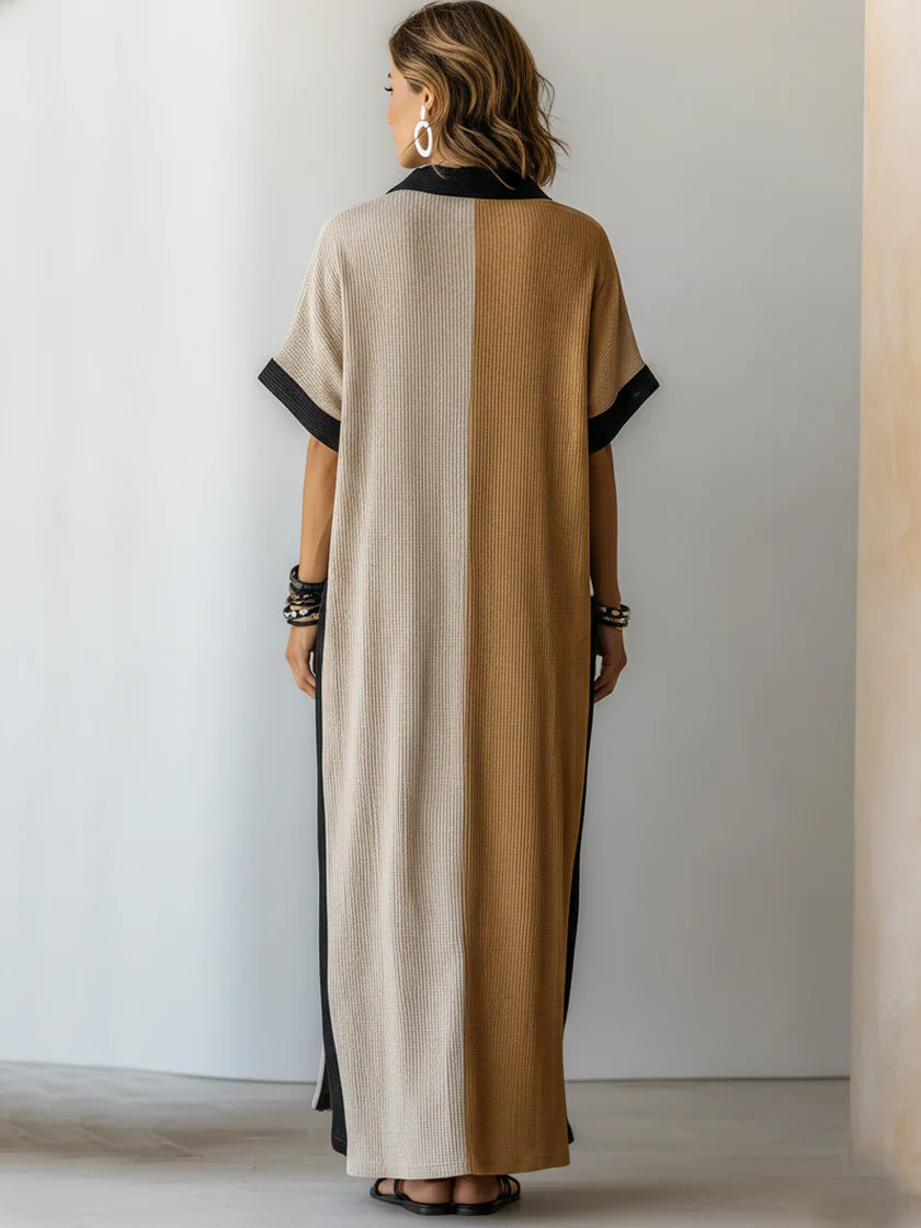 Loose And Comfortable Color-block Linen And Cotton Shirt Dress