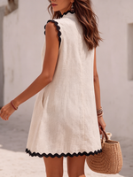 Vacation-style Sleeveless Cotton-linen Dress With Rickrack Trim