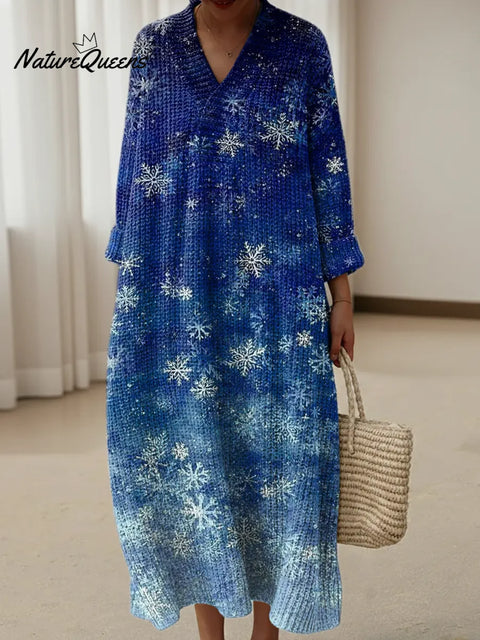 Retro Gradient Blue Snowflakes Print Knitted V-neck Dress
