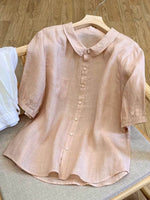 Women's Solid-color Collared Short-sleeve Casual Loose Cotton-linen Top