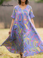 Artistic Colorful Brushstroke Print Loose Linen Dress