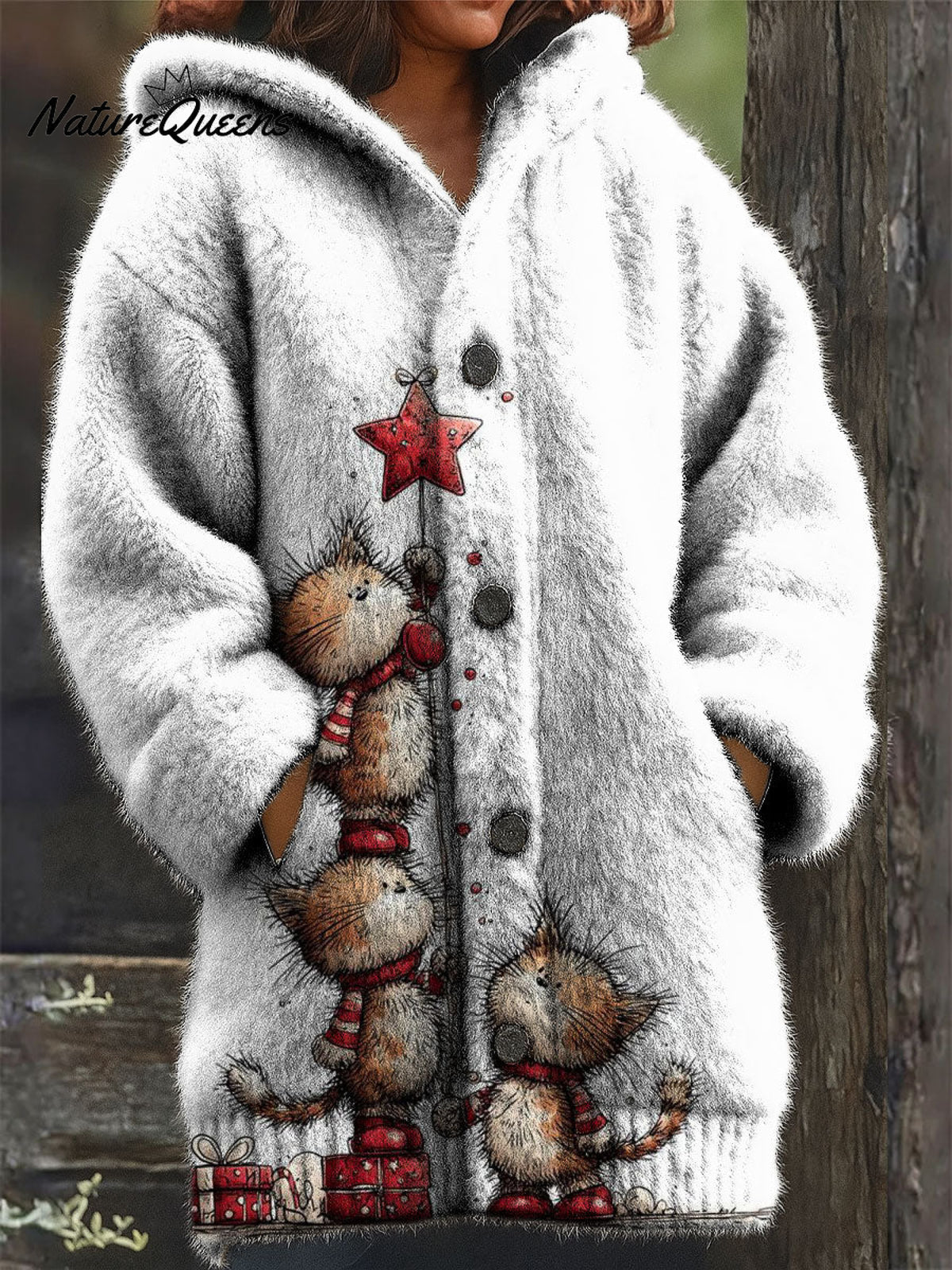 Women's Retro Christmas Tree Cat Snowflake Pattern Art Print Casual Plush Warm Coat