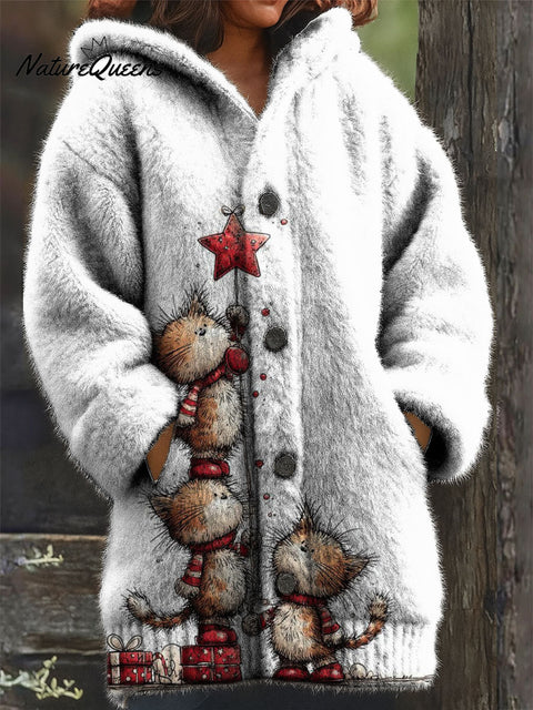 Women's Retro Christmas Tree Cat Snowflake Pattern Art Print Casual Plush Warm Coat