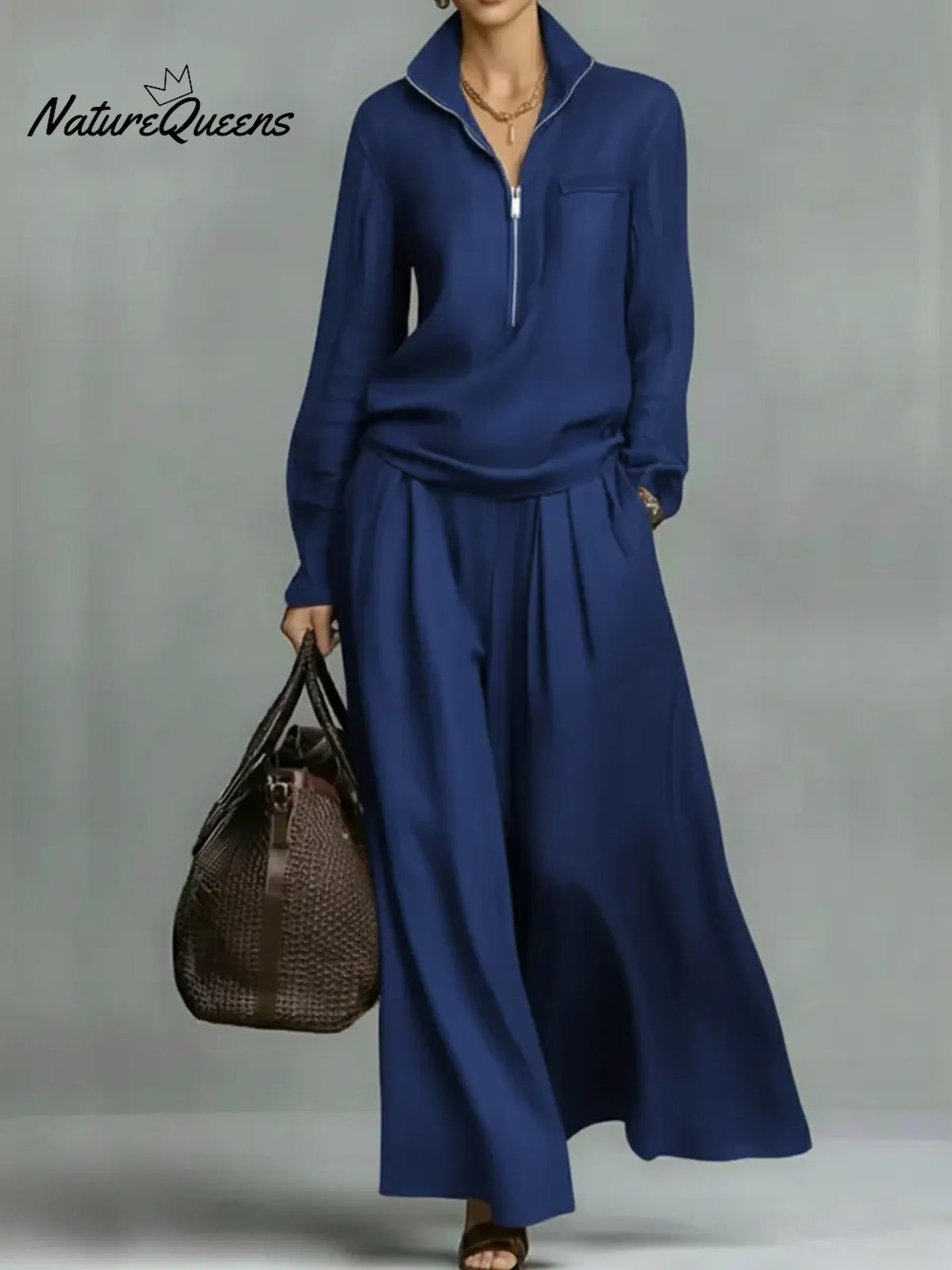 Women's Half-zip Top And Wide-leg Pants Two-piece Set