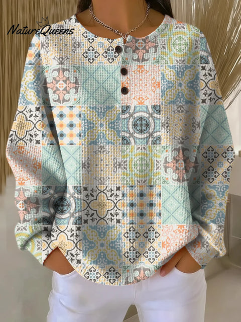 Women's Simple Retro Pattern Art Print Casual Cotton Shirt