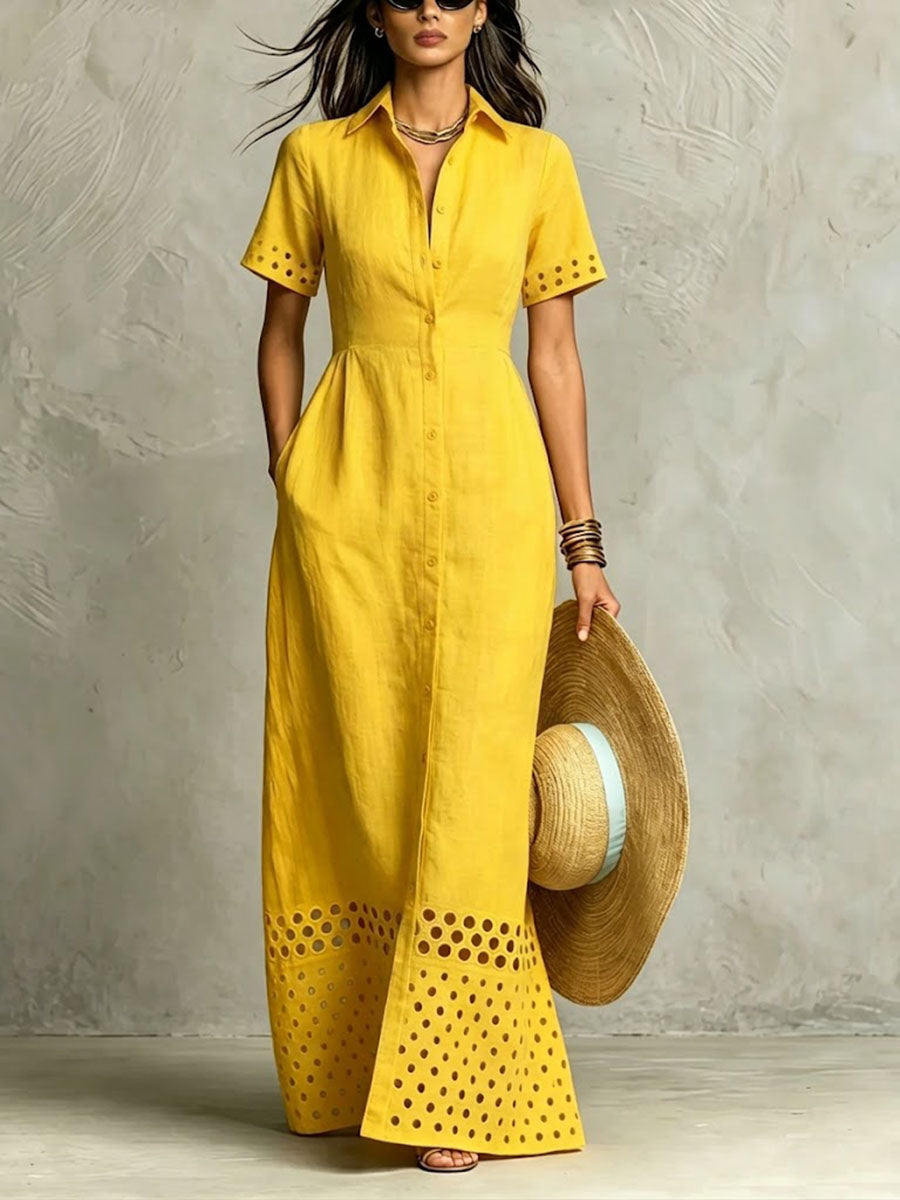 Vestido camisero de lino con aberturas para mujer