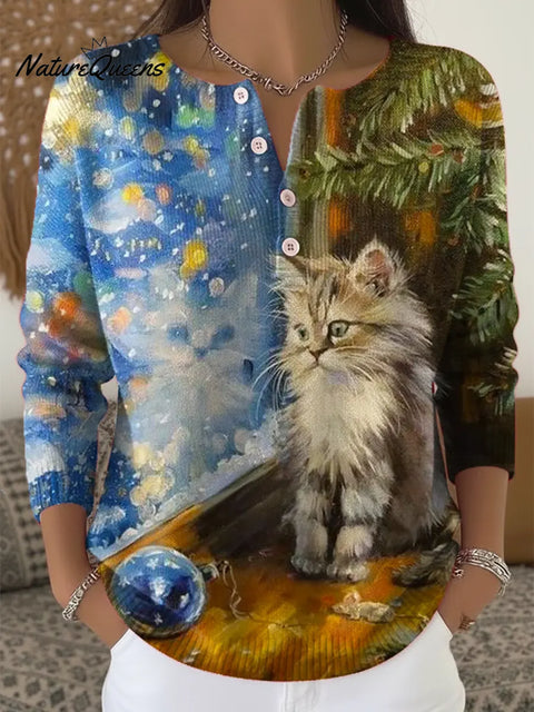 Women's Christmas Cat Art Print Buttoned Cardigan Sweater