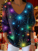 Women's Neon Lights Christmas Snowflake Pattern Art Print V-neck Solid Color Loose Shiny Sweater