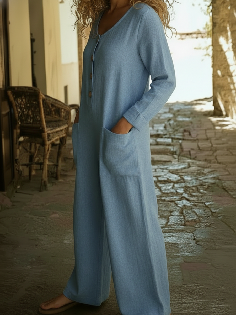Cozy Round-neck Button-up Linen Jumpsuit
