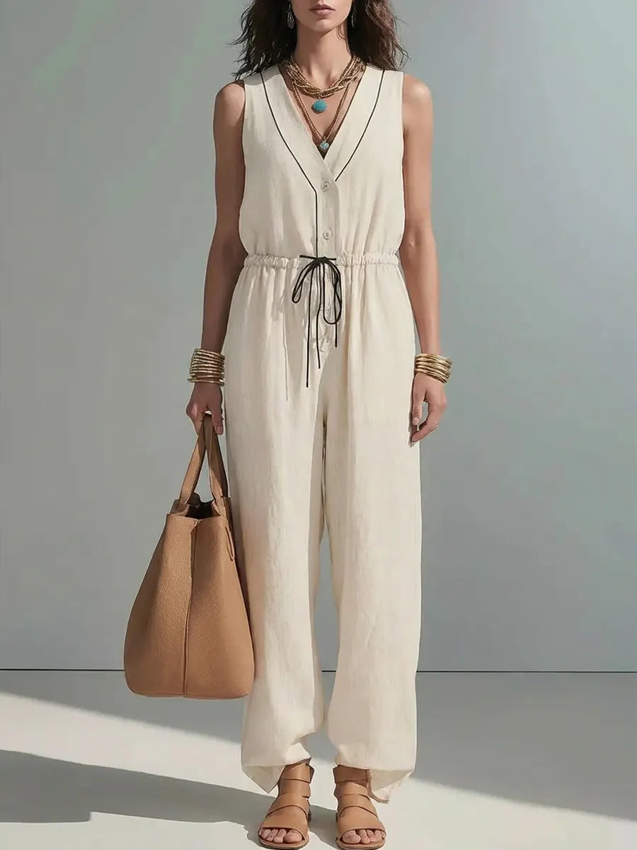 Women's Solid Color Art Button Stylish No Sleeve Cotton Jumpsuit